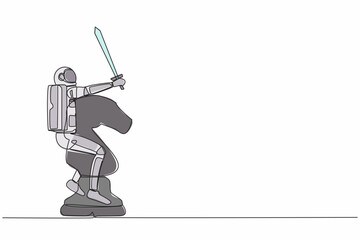 Poster - Single continuous line drawing young astronaut riding big chess horse piece with sword. Spaceman battle in the intergalactic war. Cosmonaut deep space. One line draw graphic design vector illustration