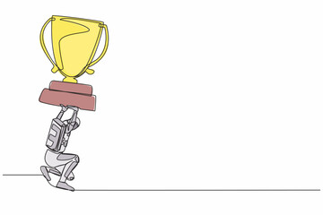 Poster - Single one line drawing young astronaut carrying heavy trophy on his back in moon surface. Spaceman fail to achieve exploration goals. Cosmic galaxy space. Continuous line design vector illustration