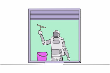 Poster - Single one line drawing young astronaut cleaning windows with bucket, glass cleaner tools in moon surface. Cosmic galaxy space concept. Modern continuous line draw design graphic vector illustration