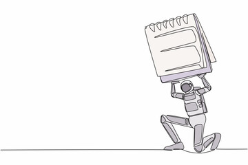 Poster - Continuous one line drawing young astronaut carrying heavy calendar on his back. Spaceman with exploration problem and deadline. Cosmonaut outer space. Single line graphic design vector illustration