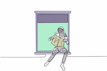 Poster - Single one line drawing young astronaut sitting on windowsill and reads newspaper. Cozy balcony in moon surface. Cosmic galaxy space concept. Modern continuous line design graphic vector illustration