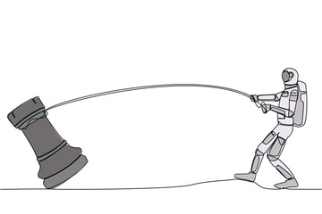 Poster - one continuous line drawing astronaut standing and pulling big rock chess with rope. maintaining dom