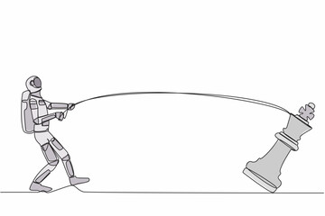 Poster - Single continuous line drawing astronaut standing and pulling big king chess with rope. Maintaining dominance of the extraterrestrial power. Cosmonaut deep space. One line design vector illustration