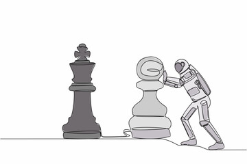 Poster - Continuous one line drawing astronaut push huge pawn chess piece to take down king. Big dreams conquer intergalactic exploration. Cosmonaut outer space. Single line design vector graphic illustration