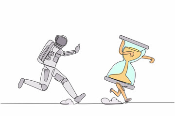 Poster - Single one line drawing young astronaut chasing hourglass in moon surface. Time management, space exploration schedule. Cosmonaut deep space concept. Continuous line design graphic vector illustration