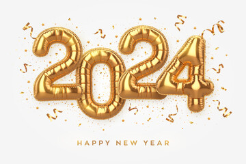 Wall Mural - Happy New Year 2024. Golden foil balloon numbers on white background. High detailed 3D realistic gold foil helium balloons. Merry Christmas and Happy New Year 2024 greeting card. Vector illustration.