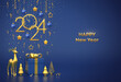 Happy New Year 2024. Merry christmas card. Hanging golden metallic numbers 2024, stars, balls, confetti. Watch with Roman numeral countdown midnight. Gift box, gold deer, fir, spruce trees. Vector.