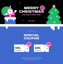Merry Christmas. Santa Claus In The Chimney. Horizontal Web Banner. Shopping Mall Event Template. Coupon, Copy Space, Stylish Vivid Color, Xmas Colorful Background. Trendy Vector Flat Illustration.