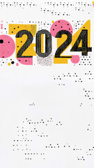 Wall Mural - 2024 Happy New Year! Retro lofi illustration with collage funky numbers and dots. Greetings card, party wallpaper, seasonal banner, holidays cheer 