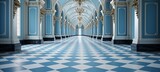 Fototapeta  - Royal palace corridor with arch column and blue diamond floor pattern. Generative AI technology.	
