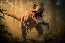 Tyrannosaurus Rex Roaring In A Prehistoric Forest With Ferns And Sunlight