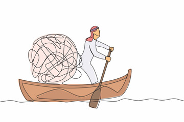 Poster - Continuous one line drawing Arab businessman sailing away on boat with messy line. Stressed office worker escape from chaotic or anxiety minded. Mental health. Single line design vector illustration