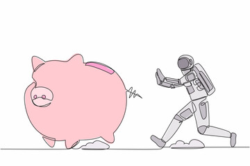 Poster - Single one line drawing young astronaut chase piggy bank in moon surface. Savings for investment exploration of the universe. Cosmonaut deep space. Continuous line design graphic vector illustration