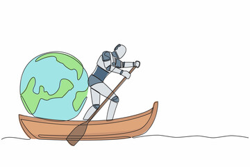 Poster - One continuous line drawing artificial robot standing in boat and sailing with earth globe. Taking trip around the world by ship. Tourism or travelling. Single line graphic design vector illustration