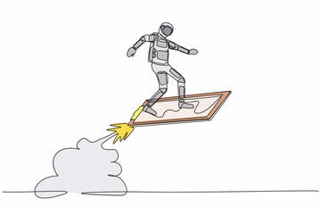 Poster - Single one line drawing young astronaut riding clipboard rocket flying in moon surface. Analyze data of space exploration. Cosmic galaxy space concept. Continuous line draw design vector illustration