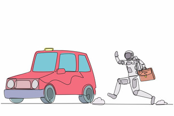Poster - single one line drawing of young astronaut running chasing taxi cab in moon surface. future transpor