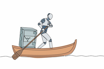 Poster - Single one line drawing intelligence robot standing in boat and sailing with safe deposit box. Escape with money. Criminal stole golden coin from bank. Continuous line draw design vector illustration