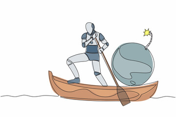 Poster - Continuous one line drawing of robot sailing away on boat with bomb. Closed factory due to exploding world financial crisis. Humanoid robot cybernetic organism. Single line design vector illustration