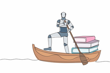 Poster - Single one line drawing robot sailing away on boat with pile of books. Education in tech company. Robotic artificial intelligence. Technology industry. Continuous line draw design vector illustration