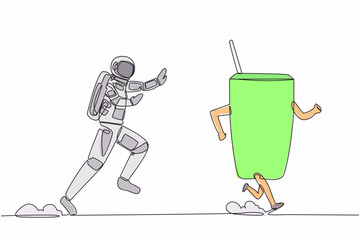 Poster - Single one line drawing of young astronaut run chase coffee cup in moon surface. Enjoying black coffee while relaxing in space. Cosmonaut deep space concept. Continuous line design vector illustration