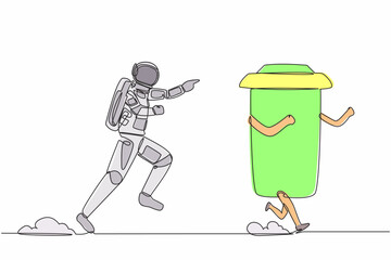 Poster - Single continuous line drawing young astronaut run chasing paper cup in moon surface. Recycling waste treatment in outer space. Cosmic galaxy space concept. One line graphic design vector illustration