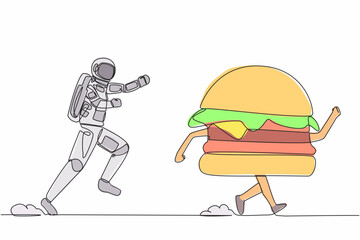 Poster - Continuous one line drawing of young astronaut run chasing hamburger in moon surface. Food estate industry in outer space. Cosmonaut outer space concept. Single line design vector graphic illustration