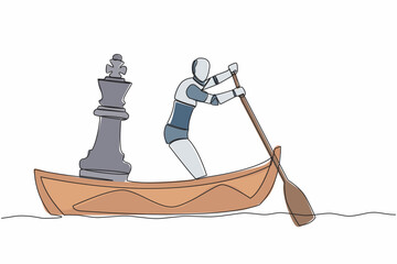 Poster - Single continuous line drawing robot sailing away on boat with chess king piece. Strategic move to winning business competition. Future technology development. One line draw design vector illustration
