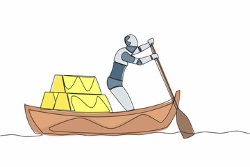 Poster - Single continuous line drawing robot sailing away on boat with stack of golden bullion. Gold investment in digital tech. Future technology development. One line draw graphic design vector illustration