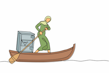 Poster - Continuous one line drawing Arab businesswoman standing in boat and sailing with safe deposit box. Escape with money. Criminal stole golden coin from bank. Single line draw design vector illustration