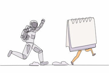 Poster - single one line drawing young astronaut chasing calendar in moon surface. spacecraft launch schedule