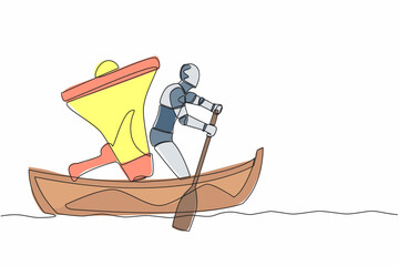 Poster - One continuous line drawing genius robot standing in boat and sailing with super megaphone. Humanoid shout and motivating team to move forward for success. Single line draw design vector illustration