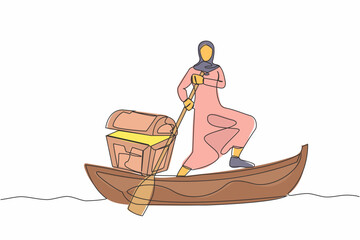 Wall Mural - Continuous one line drawing Arab businesswoman standing in boat and sailing with treasure chest. Success financial. Money laundering, political corruption. Single line draw design vector illustration