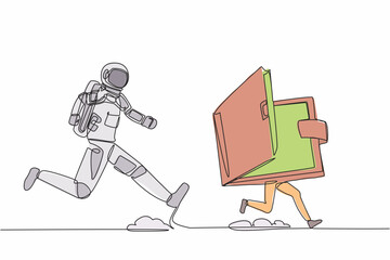 Poster - Continuous one line drawing of young astronaut run chasing wallet in moon surface. Digital wallet managed by satellite technology. Cosmonaut outer space concept. Single line design vector illustration
