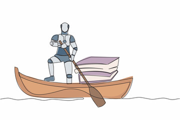 Poster - Single continuous line drawing robot sailing away on boat with stack of papers. Manage digital document in tech company. Future technology development. One line draw graphic design vector illustration