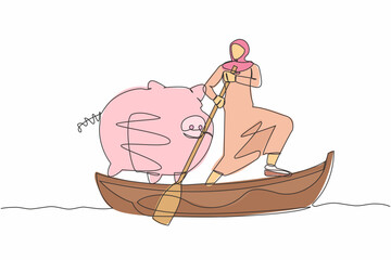 Poster - Single continuous line drawing Arabian businesswoman standing in boat and sailing with piggy bank. Economy purposes saving money is very important. Smart investor. One line design vector illustration