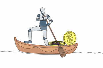 Poster - Single one line drawing robot sailing away on boat with pile of dollar coins. Criminal stole golden coin from bank. Robotic artificial intelligence. Continuous line graphic design vector illustration