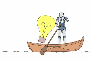 Poster - Continuous one line drawing robot sailing away on boat with light bulb. Vision and innovation in tech company. Humanoid robot cybernetic organism. Single line draw design vector graphic illustration