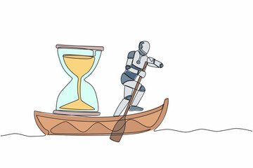 Poster - Single continuous line drawing robot sailing away on boat with hourglass. Business deadline in factory project. Future technology development process. One line draw graphic design vector illustration