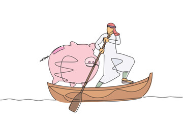 Poster - Continuous one line drawing Arabian man sailing away on boat with piggy bank. Economy purpose saving household money. Domestic financial budgeting and plan. Single line draw design vector illustration