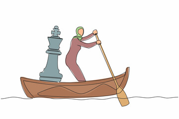 Sticker - Single one line drawing Arab businesswoman standing in boat and sailing with chess king piece. Tactic and strategy in trade war. Success winning competition. Continuous line design vector illustration