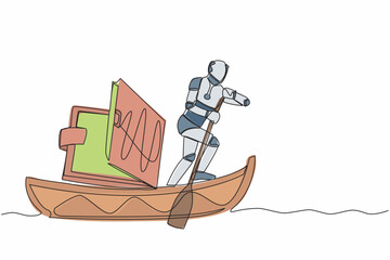 Poster - Continuous one line drawing robot sailing away on boat with wallet. Problem in tech company due to economic crisis. Humanoid robot cybernetic organism. Single line design vector graphic illustration