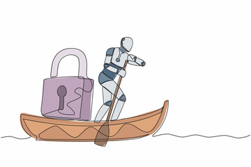 Poster - Single one line drawing robot sailing away on boat with padlock. Security and shipping business protection. Modern robotic artificial intelligence. Continuous line design graphic vector illustration