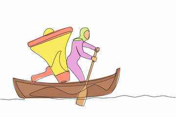 Poster - Single continuous line drawing Arabian businesswoman standing in boat and sailing with megaphone. Leader shout and motivating team to move forward for success. One line draw design vector illustration