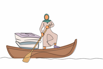 Poster - Continuous one line drawing Arabian businesswoman standing in boat and sailing with pile of papers. Manager escape from stack of document, paperwork, overworked. Single line design vector illustration
