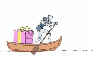 Poster - Single continuous line drawing robot sailing away on boat with gift box. Prizes for outstanding tech processing. Future technology. Artificial intelligence. One line graphic design vector illustration