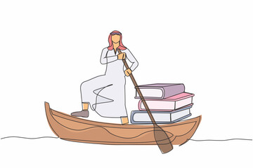 Poster - single continuous line drawing arab businessman sailing away on boat with pile of books. intellectua