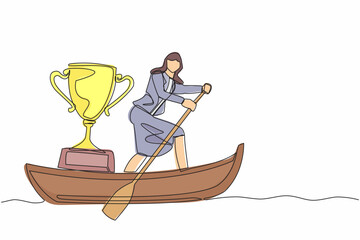 Poster - Single one line drawing attractive businesswoman sailing away on boat with trophy. Sailing world championship award. Winning water sport competition. Continuous line design graphic vector illustration