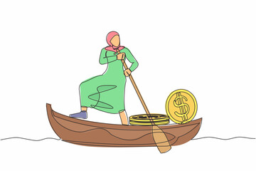 Poster - Single continuous line drawing Arab businesswoman standing in boat and sailing with stack of golden coin dollar. Successful investor entrepreneur. Gold investment. One line design vector illustration