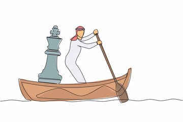 Poster - Single one line drawing Arab businessman sailing away on boat with chess king piece. Company strategy or tactical move to winning business competition. Continuous line draw design vector illustration