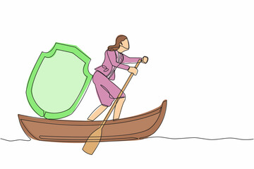 Poster - Single continuous line drawing businesswoman sailing away on boat with shield. Business protection and precaution financial crime. Security and insurance. One line graphic design vector illustration